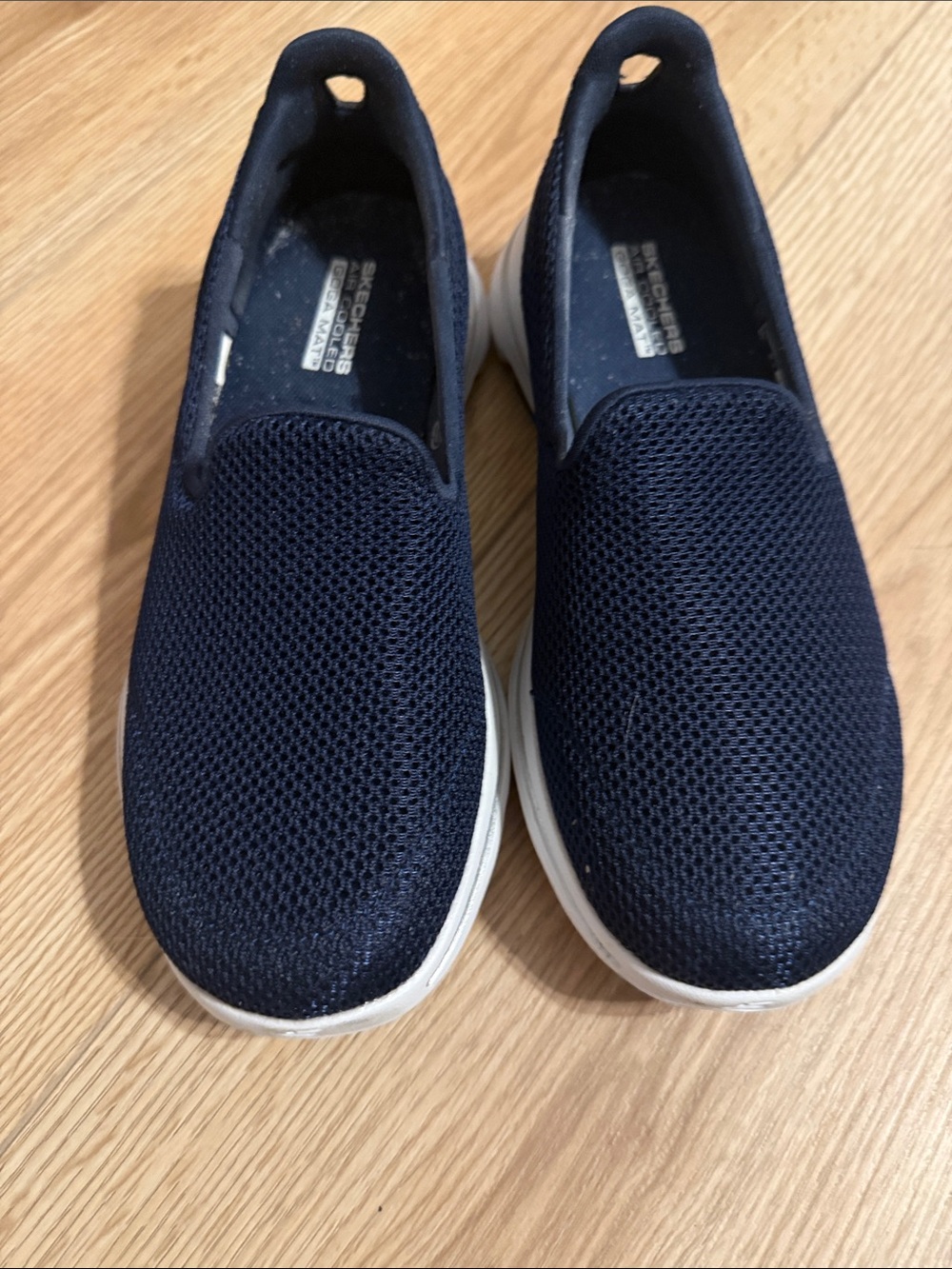 Skechers Navy Air Cooled Goga Mat Mesh Slip-On Casual Shoes with White Soles